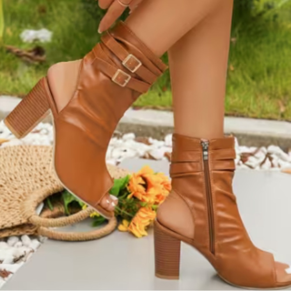 Women’s Tan Open-Toe Block Heel Ankle Boots